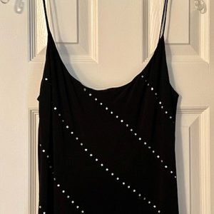 Cache' black spaghetti strap dress with diagonal rhinestones